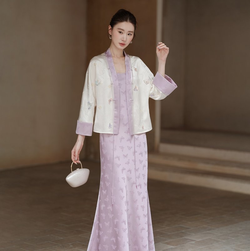【醋酸】新中式復古中國風 刺繡外披/吊帶裙 - 女上衣/長袖上衣 - 其他材質 紫色