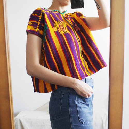 玉枝古著 Vintage 瓜地馬拉手工刺繡手織布短版上衣