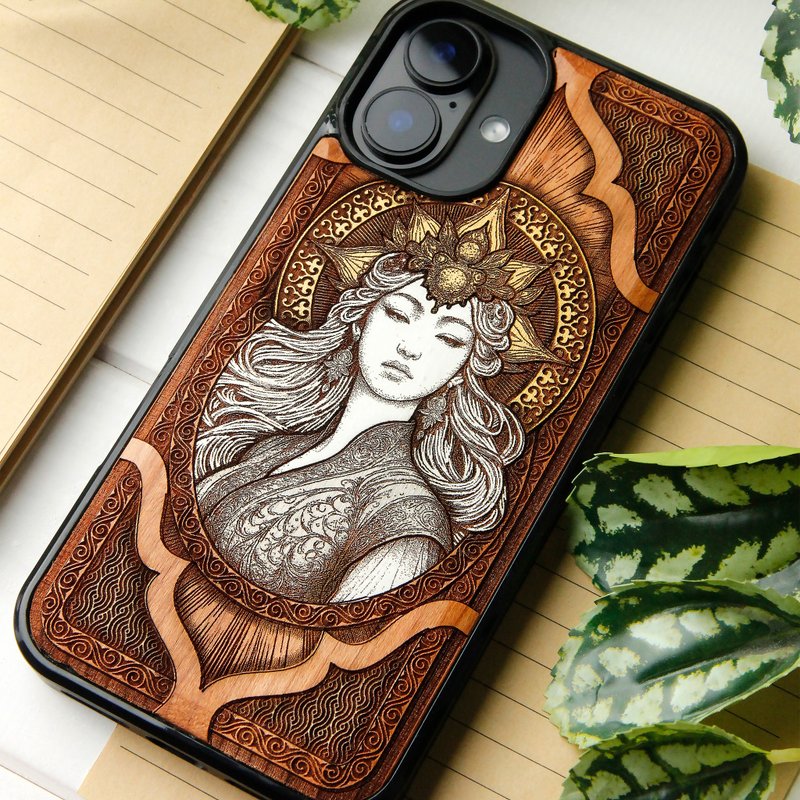 Amaterasu Goddess of Light -  Phone case wood laser engraved + hand painting - 手機殼/手機套 - 木頭 咖啡色