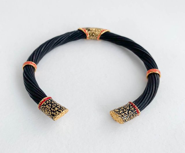 Black Body Real Elephant Tail Hair Bangle Silver Enamelled