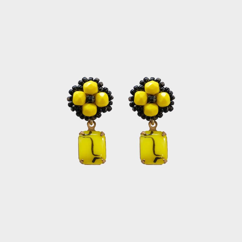 Yellow Flower with Vintage Glass Pendent Earrings - ต่างหู - แก้ว สีเหลือง