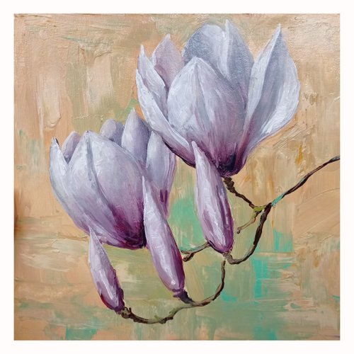 Magnolia Handmade Painting,Floral Original Artwork,Flower Beige Picture