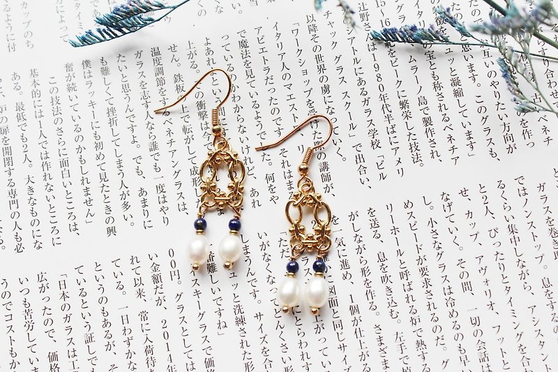 Lapis lazuli lapis lazuli pearl Bronze 22k design dangling earrings can be changed to clip style - ต่างหู - เครื่องเพชรพลอย สีน้ำเงิน
