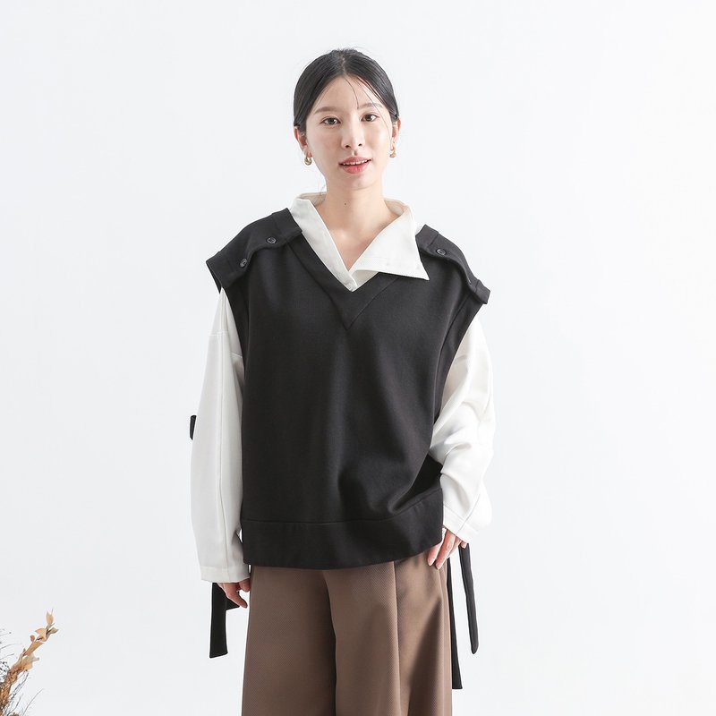 [Classic original] Jinran_Dip-dyed double-sided vest_CLT511_Black - เสื้อกั๊กผู้หญิง - เส้นใยสังเคราะห์ สีดำ