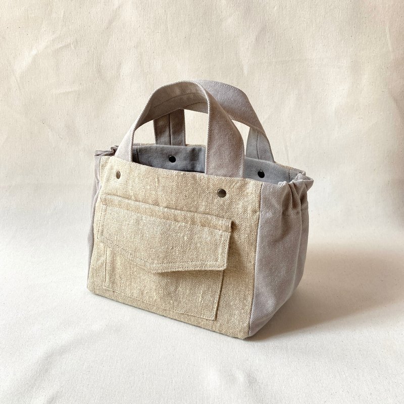 Gathered Tote Bag    MiniBag   canvas Linen　Light gray　Flap pocket - กระเป๋าถือ - ผ้าฝ้าย/ผ้าลินิน สีเทา