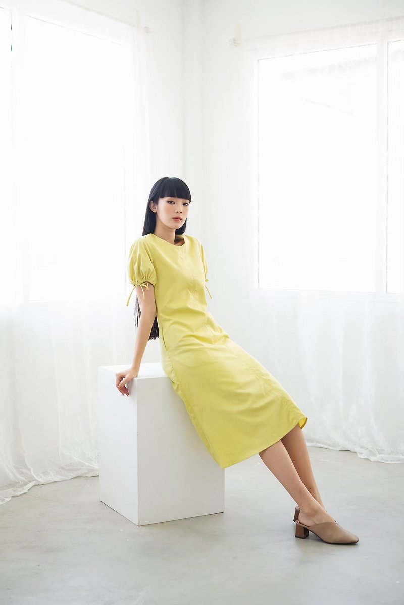 BIRUCHU A-LINE COTTON DRESS - Lime - 連身裙 - 棉．麻 黃色