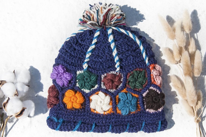 手工編織純羊毛帽/編織帽/針織毛帽/內刷毛花朵毛帽/毛線帽-花朵 - 帽子 - 羊毛 多色