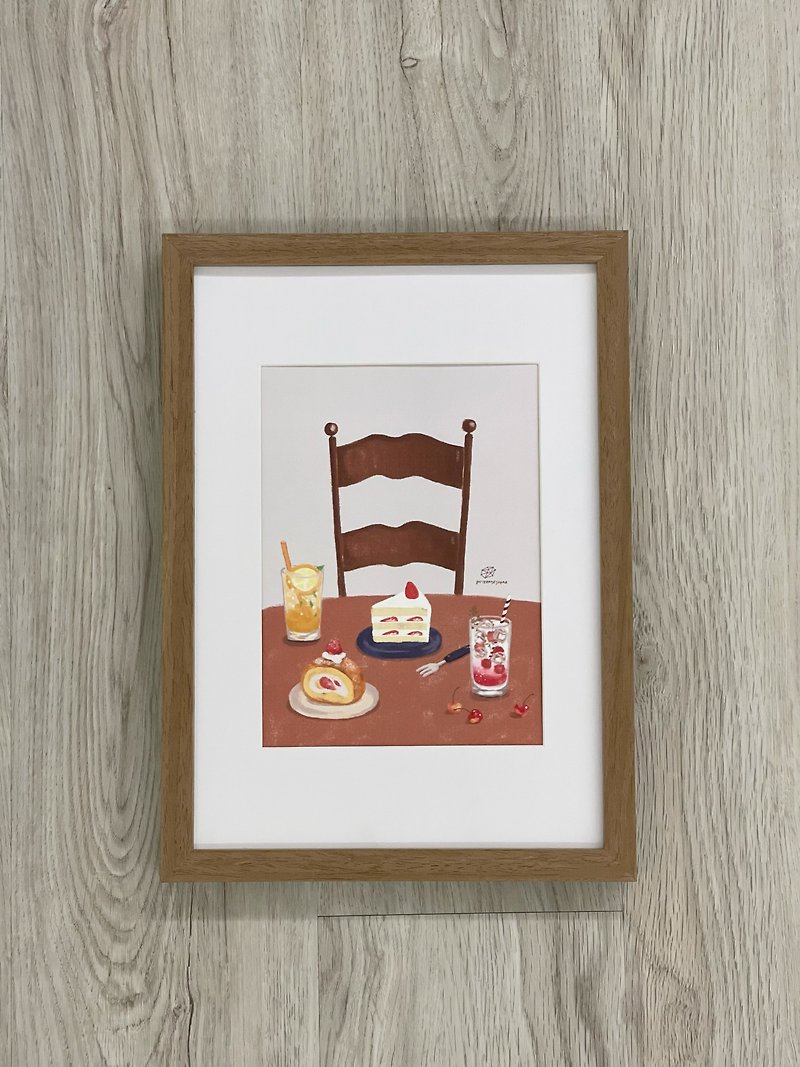 //Let's have afternoon tea together//Illustration hanging painting/with frame - Posters - Wood Brown