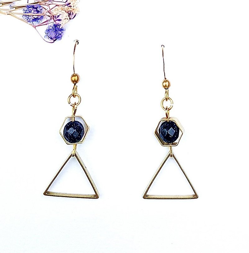 Stars in geometry - blue Stone Bronze earrings minimalist geometric personality lover - Earrings & Clip-ons - Copper & Brass Blue