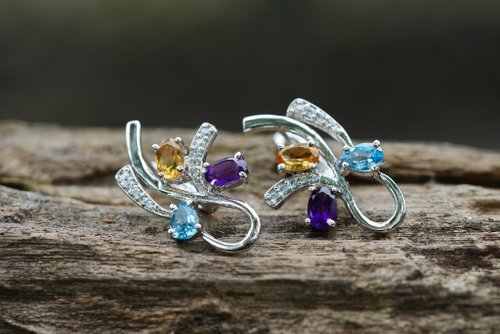 星空寶石 ∣ Starry Gems 多色脈輪耳環。紫。黃水晶。拓帕石∣禮物 母親節 畢業