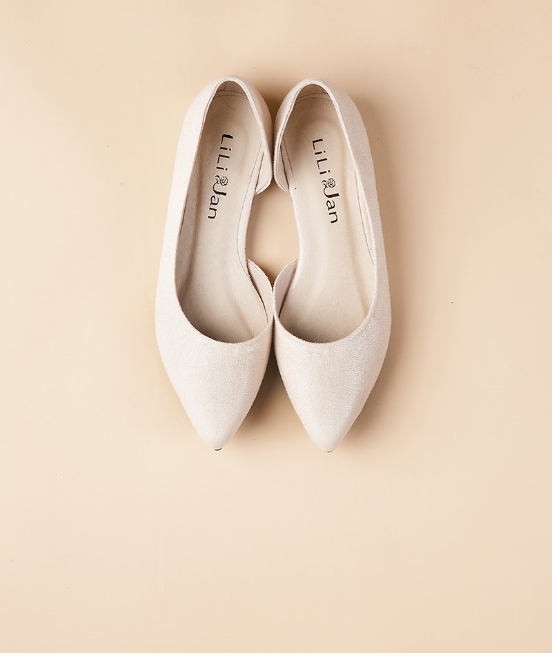 [Modern fashion] side hollow pointed flat shoes _ temperament naked rice (only 25) - รองเท้าอ็อกฟอร์ดผู้หญิง - หนังแท้ ขาว