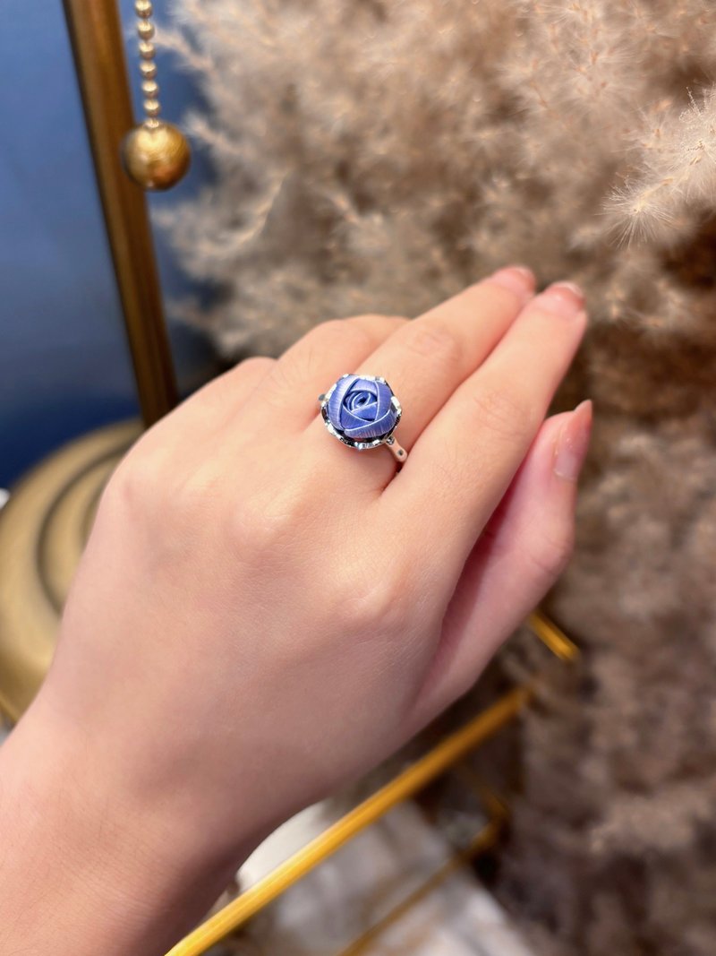 【Re-Re】 Silk Flora - Little Rose Ring (adjustable) Cornflower Blue - General Rings - Silk Green