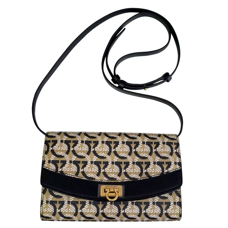 全新Salvatore Ferragamo真皮monogram小型禮服單邊袋斜包包手袋 - 側背包/斜背包 - 真皮 卡其色
