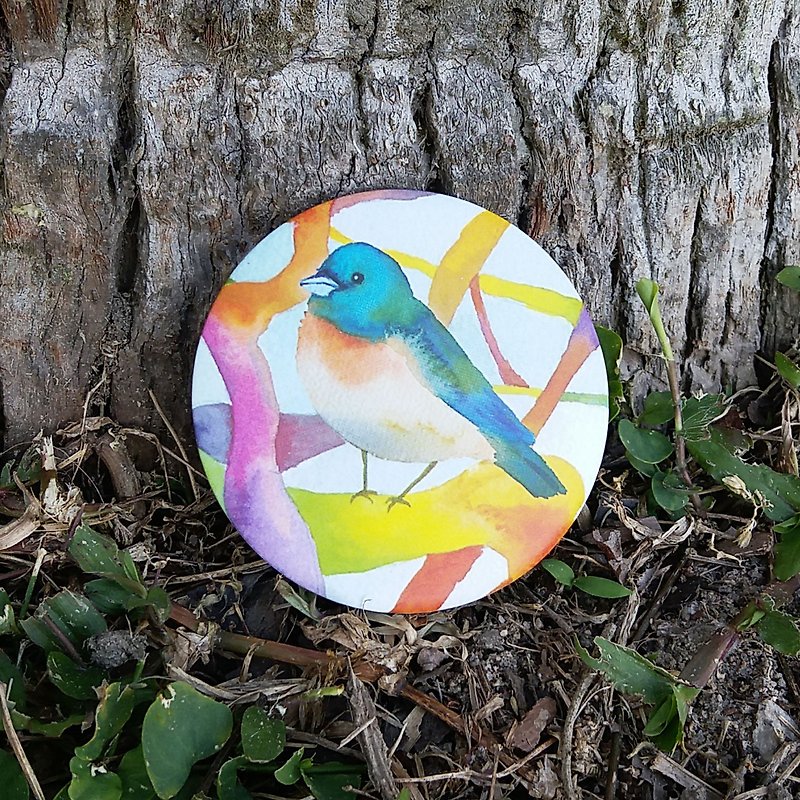 [水彩画]小さな丸い鏡でかわいい木の鳥 - メイク道具・鏡・ブラシ - ガラス 多色