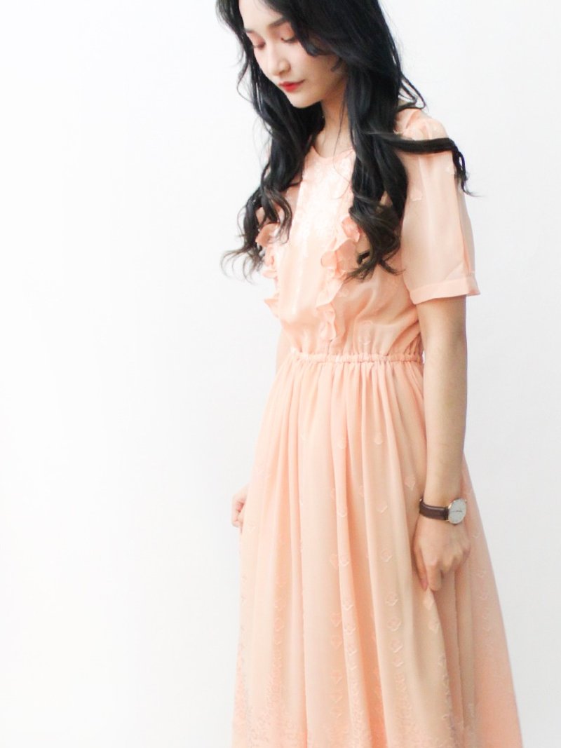 Vintage romantic orange pink flowers collage short-sleeved vintage dress Vintage Dress - ชุดเดรส - เส้นใยสังเคราะห์ สึชมพู