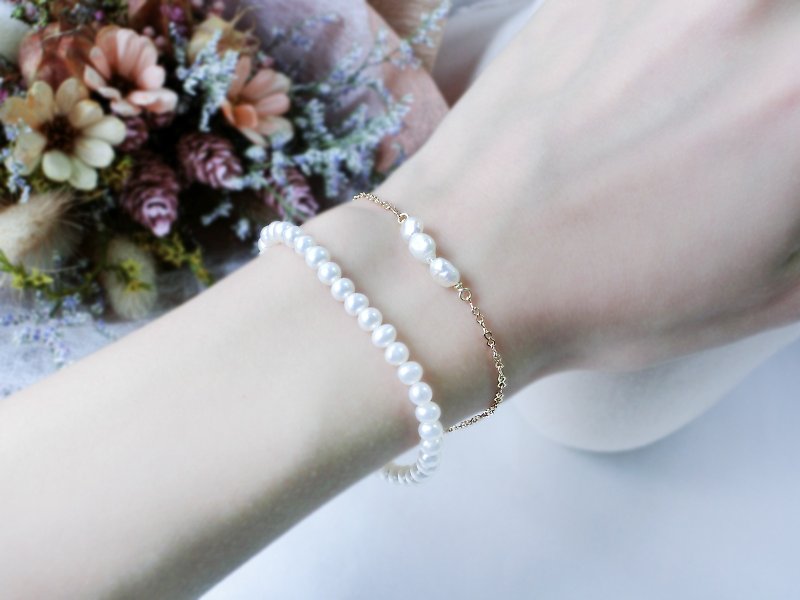 【波浪小蕾絲】3顆天然淡水珍珠 純銀手鍊 - 手鍊/手環 - 寶石 白色