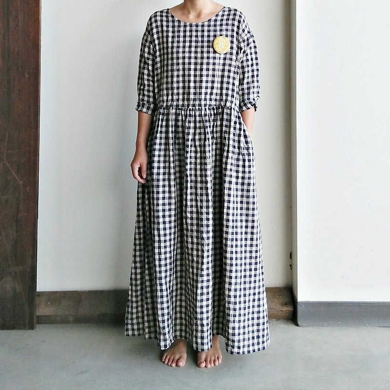 Feliz & Recap [drawstring two dresses] linen blue and white squares - One Piece Dresses - Cotton & Hemp Transparent
