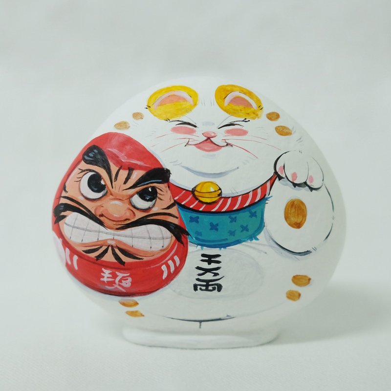 Manekineko & Daruma (手在石頭上畫畫。) - 玩偶/公仔 - 石頭 白色