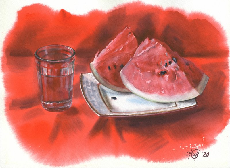 Fruit watermelon watercolor poster by artist Irina Zhunaeva - 海報/掛畫/掛布 - 紙 多色