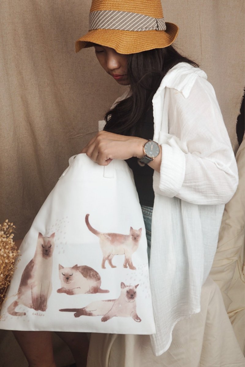 TOTE PRINT WITH SIAM CATS - Handbags & Totes - Cotton & Hemp Khaki