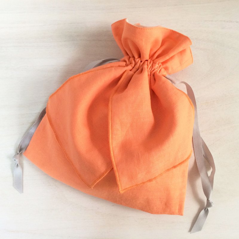 コットンリネン リボン巾着 オレンジ - 化妝包/收納袋 - 棉．麻 橘色