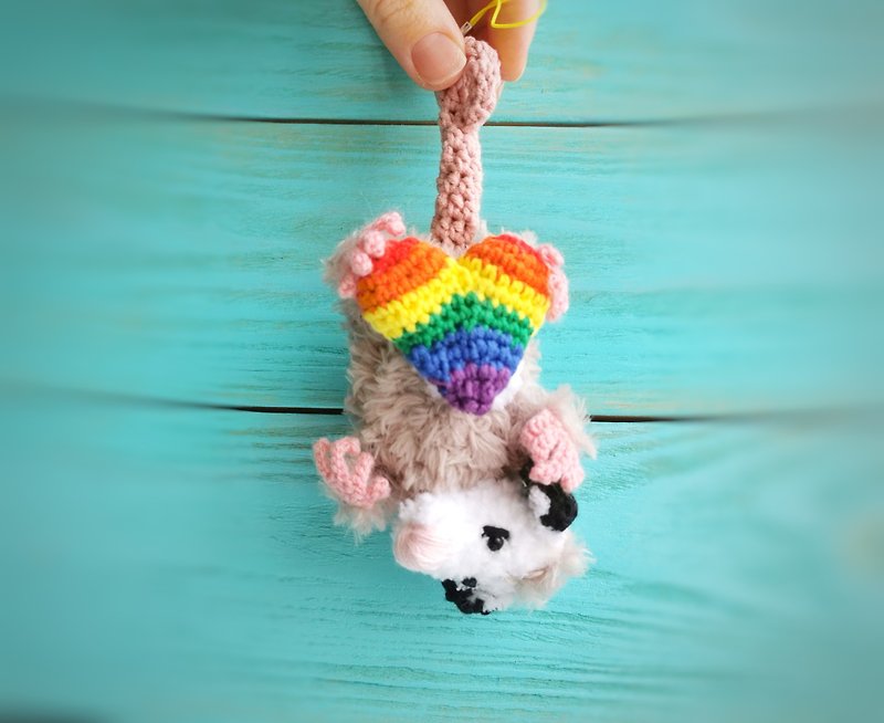 Rainbow Opossum, possum plush, car hanging, car ornament - 鑰匙圈/鎖匙扣 - 其他材質 灰色