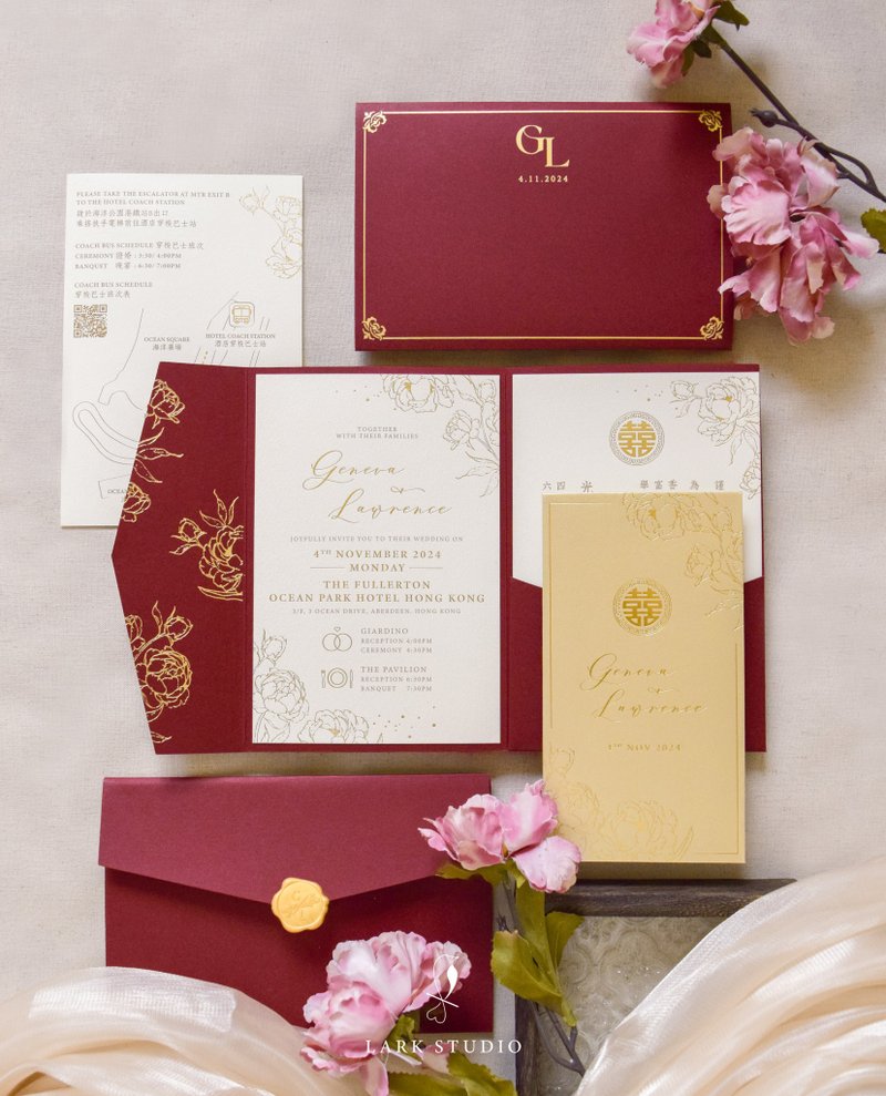 [Customized] Chinese Peony Wedding Invitation Set - การ์ดงานแต่ง - กระดาษ สีแดง