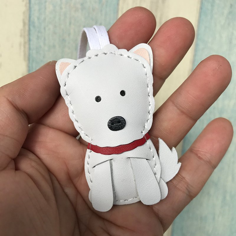 Healing small things white cute Sissa dog hand-stitched leather charm small size - พวงกุญแจ - หนังแท้ ขาว