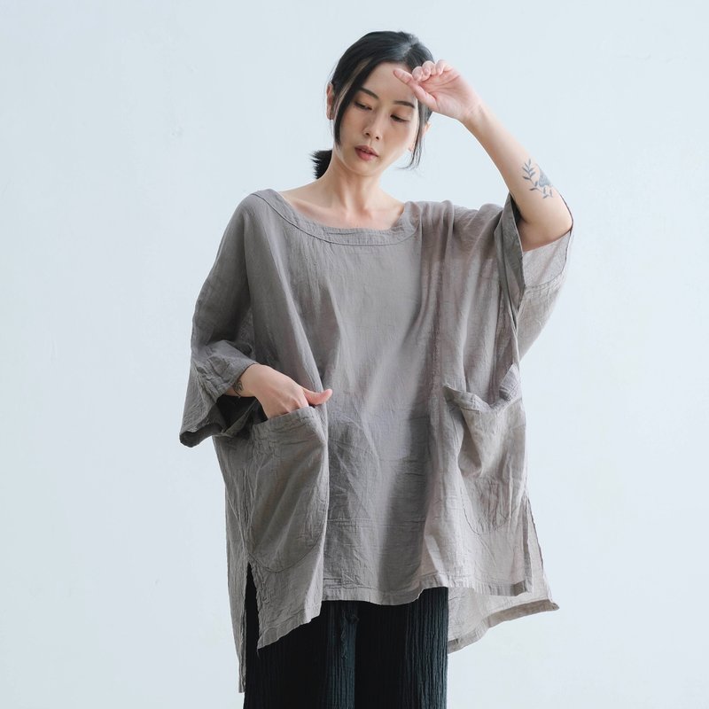 寬版大口袋上衣 / 慕斯布 淺灰 - 女上衣/長袖上衣 - 棉．麻 灰色