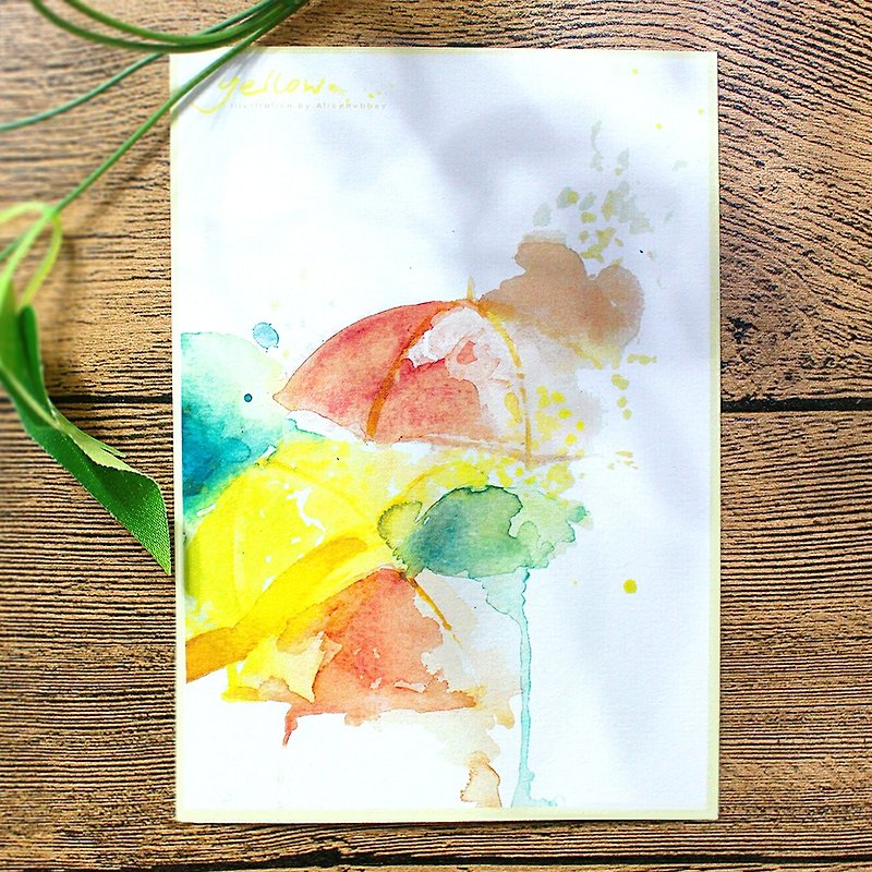 Alice Hobbey Yellow Umbrella Series Double-sided Watercolor Illustration Postcard Postcard - Cards & Postcards - Paper Multicolor