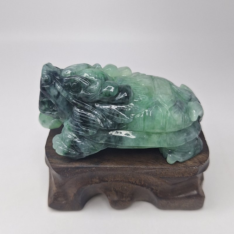 溫潤老種冰綠色花青料龍龜雕刻擺件 |天然緬甸玉A貨翡翠 - 裝飾/擺設  - 玉石 