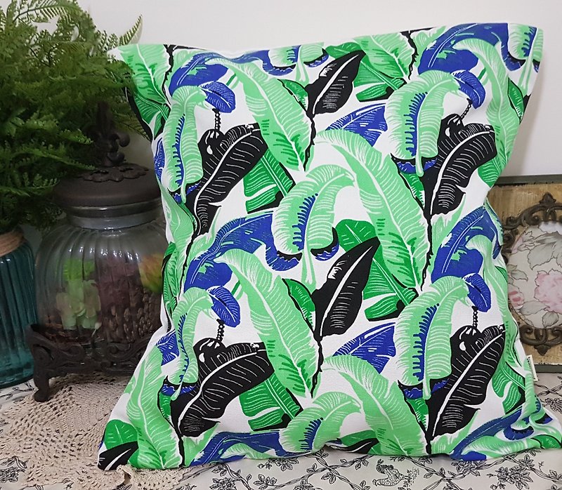 北歐風格清新時尚鮮麗彩藍綠色大葉子圖案抱枕靠枕靠墊枕套 - 枕頭/咕𠱸 - 棉．麻 綠色
