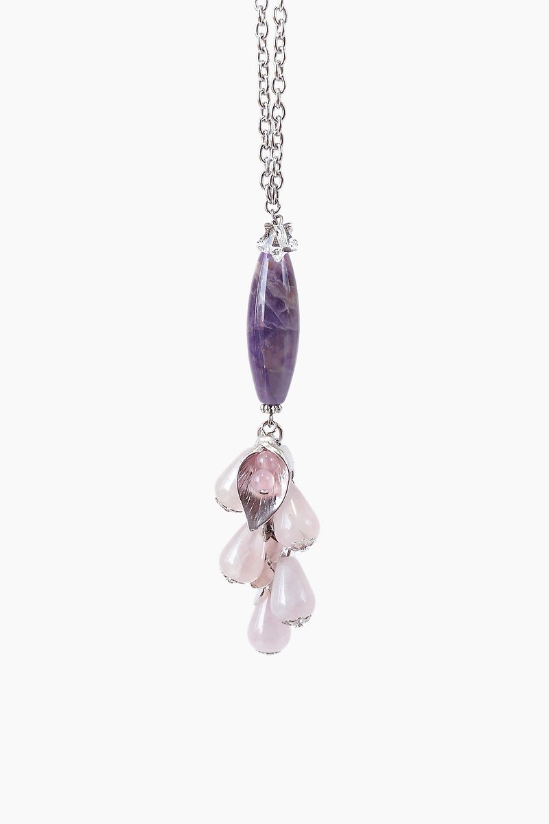 Healing Crystal Amethyst and Rose Quartz Necklace with Calla Lily - Necklaces - Gemstone Purple