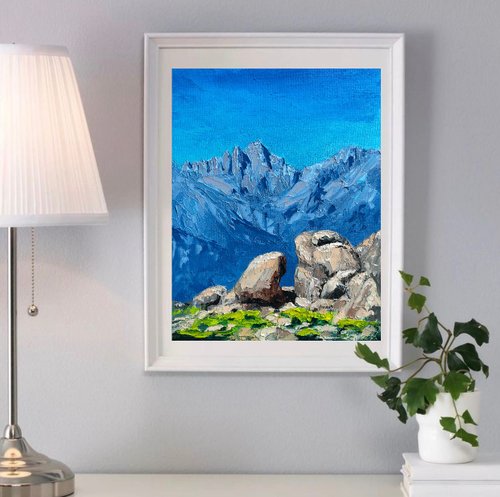 キャンバスの山のオリジナルの油絵Landsacpe青い絵画インパスト