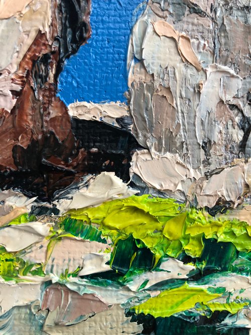 キャンバスの山のオリジナルの油絵Landsacpe青い絵画インパスト