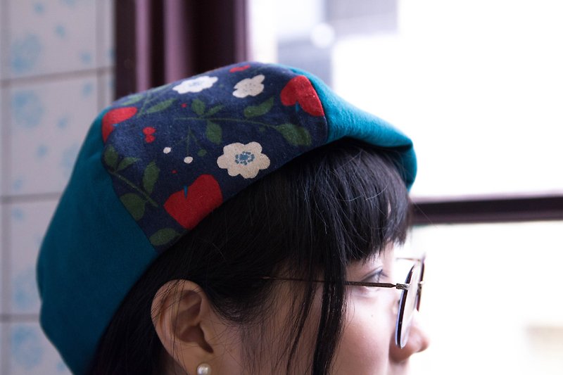 【林檎和歌】手工印花貝蕾帽/貝雷帽/畫家帽 - 帽子 - 棉．麻 綠色