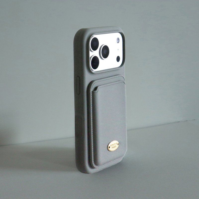 首爾限定(磁吸殼+卡夾) iPhone17.16.15小法國海沫綠灰卡夾手機殼 - 手機殼/手機套 - 塑膠 灰色