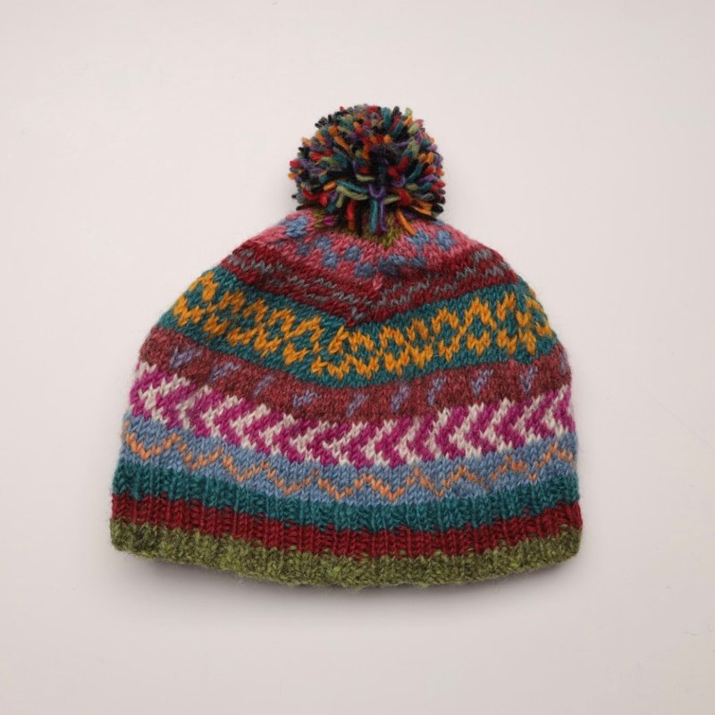 Fur ball totem color pure wool hand-knitted half-lined windproof fur hat | Exchange gift box | Christmas gift - Hats & Caps - Wool Multicolor