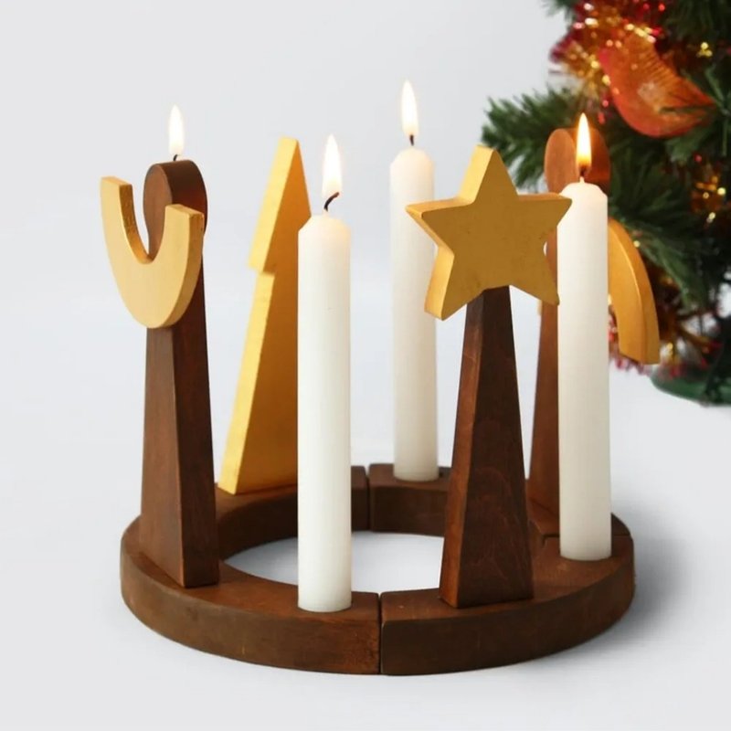 Advent Wreath Candle Holder - Wooden Christmas Ring Candlesticks - 香氛蠟燭/燭台 - 木頭 咖啡色
