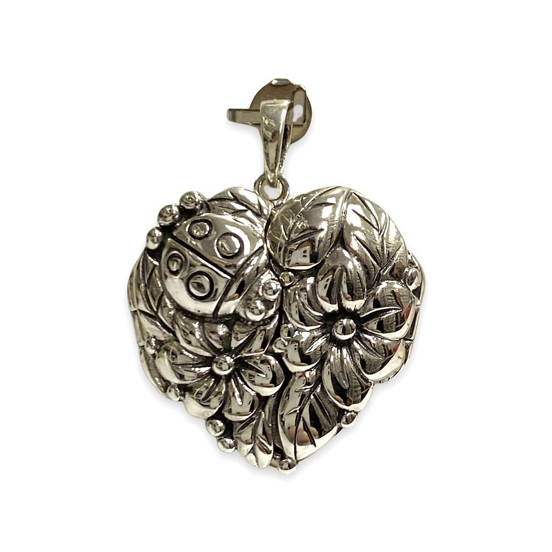 Art Nouveau Floral & Ladybird Heart Memorial Locket Pendant 925 Sterling Silver - 項鍊 - 純銀 銀色