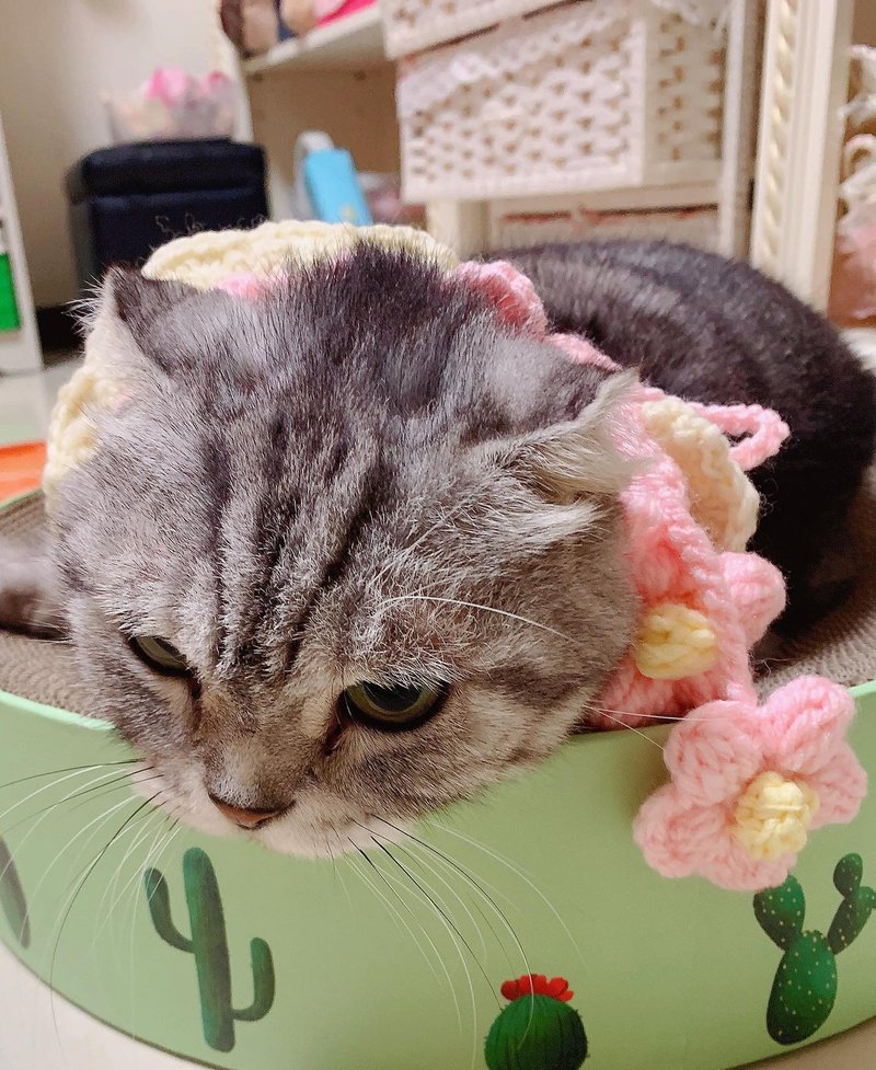 Hand-knitted pet flower scarf - ชุดสัตว์เลี้ยง - ผ้าฝ้าย/ผ้าลินิน สึชมพู