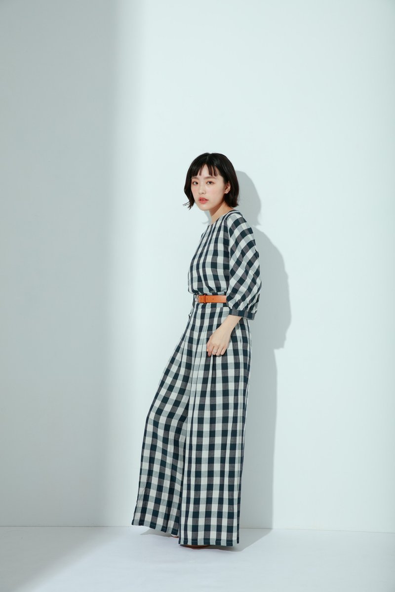 吉爾格子週末寬管格紋長腿褲-松松(綠) - 女長褲 - 棉．麻 綠色