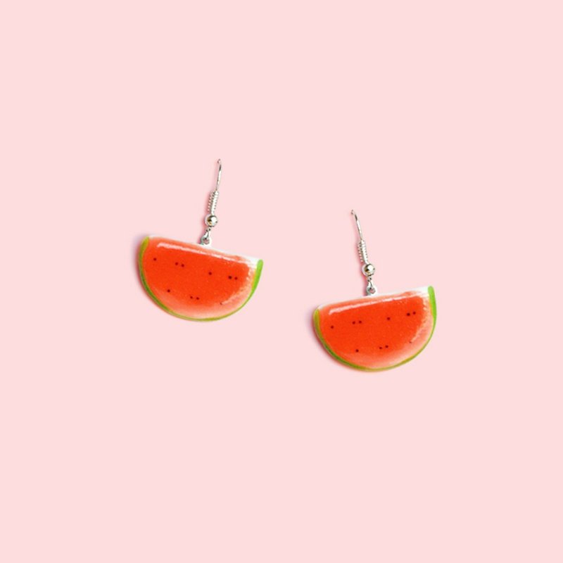 Eat a sweet watermelon summer fresh fruit earrings ceramic watermelon girl ear clip gift - Earrings & Clip-ons - Pottery Red