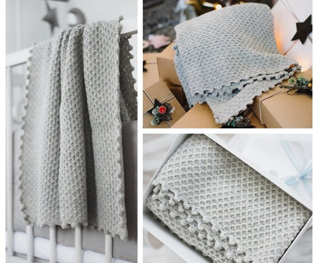 Light grey soft knitted woolen blanket alpaca and sheep wool baby blanket