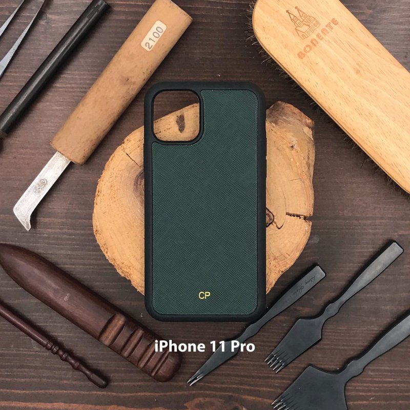 【iPhone Case】Dark Green Saffiano | Shockproof | Handmade Leather in Hong Kong - เคส/ซองมือถือ - หนังแท้ สีเขียว