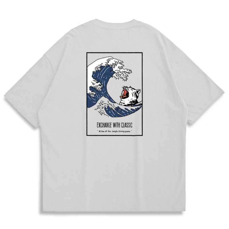 【CREEPS-STORE】Tsunami with Cat Oversized Printed T-shirt - เสื้อยืดผู้ชาย - ผ้าฝ้าย/ผ้าลินิน หลากหลายสี