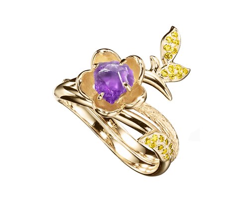 Majade Jewelry Design 紫水晶14k金黃鑽石梅花求婚戒指套裝 獨特植物原石訂婚戒指組合