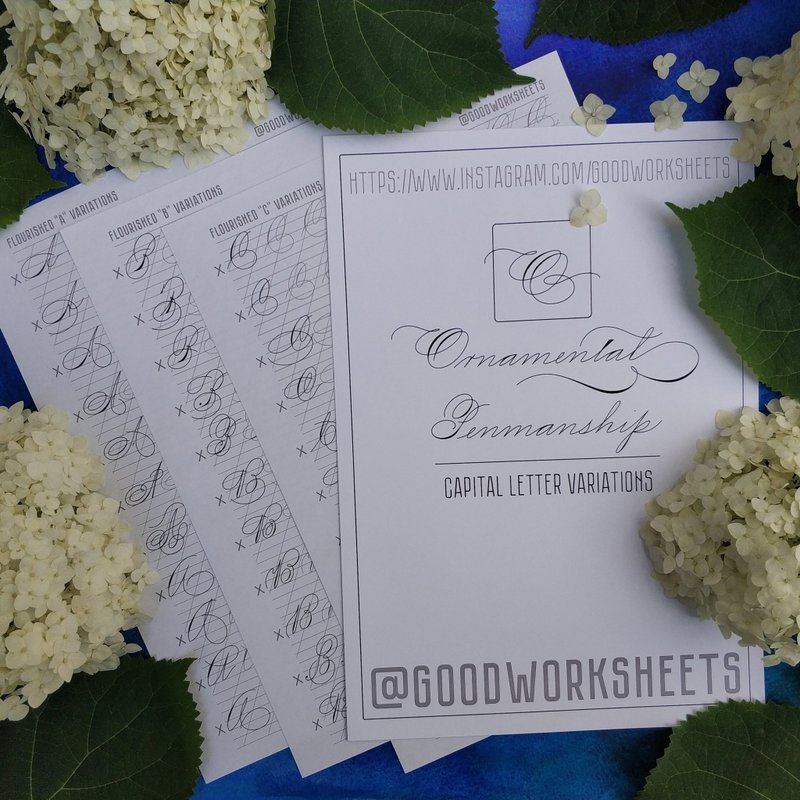 Ornamental Penmanship Flourishes of Capitals Printable PDF Calligraphy Worksheet - 手工藝教學/工具書 - 其他材質 