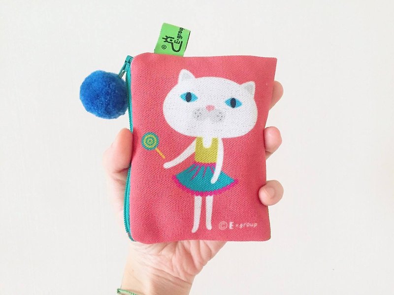 E*group small square bag double-sided design strawberry caramel coin purse card bag cat - Wallets - Cotton & Hemp Pink
