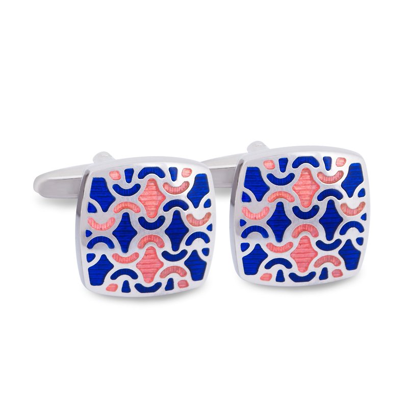 Blue and Peach Enamel Floral designed Cufflinks - Cuff Links - Other Metals Blue